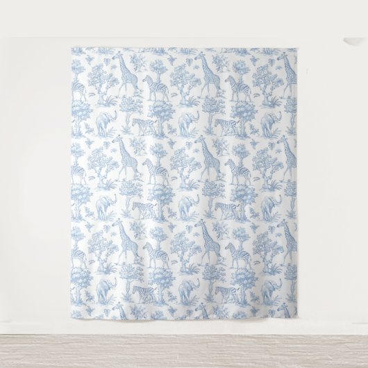 Toile de Jouy Safari dieren blauw baby shower Wandkleed (Voorkant)