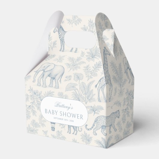 Toile de Jouy Safari Dieren Blue Boy Baby shower Bedankdoosjes (Voorkant Zijde)
