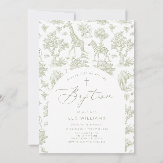 Toile de Jouy Safari dieren Groene Jongen Doop Kaart (Voorkant)