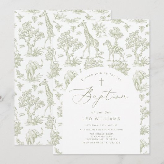 Toile de Jouy Safari dieren Groene Jongen Doop Kaart (Voorkant / Achterkant)