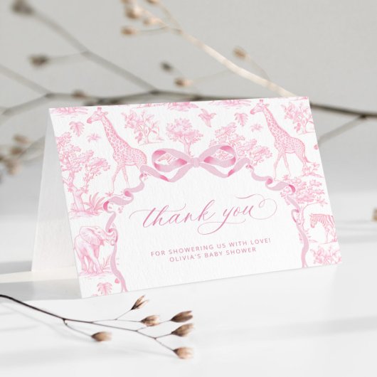 Toile de Jouy Safari dieren Roze Baby shower Bedankkaart