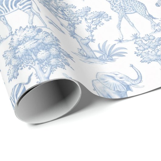 Toile de Jouy Safari dieren stoffig blauw elegant Cadeaupapier (Rol Hoek)