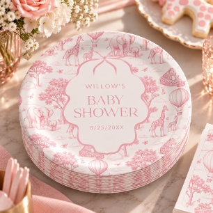 Toile De Jouy Safari Roze Meisje Baby Shower Borde Papieren Bordje