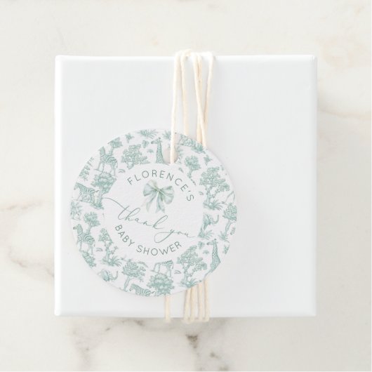 Toile de jouy Safari Sage Baby shower bedankt Bedankjes Labels (In situ)