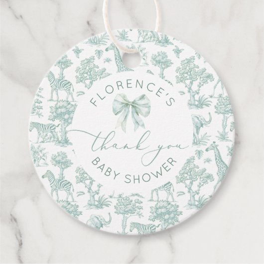 Toile de jouy Safari Sage Baby shower bedankt Bedankjes Labels (Voorkant)