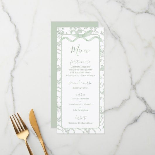 Toile de jouy Sage Baby shower Menu Kaart (Voorkant / Achterkant in situ)