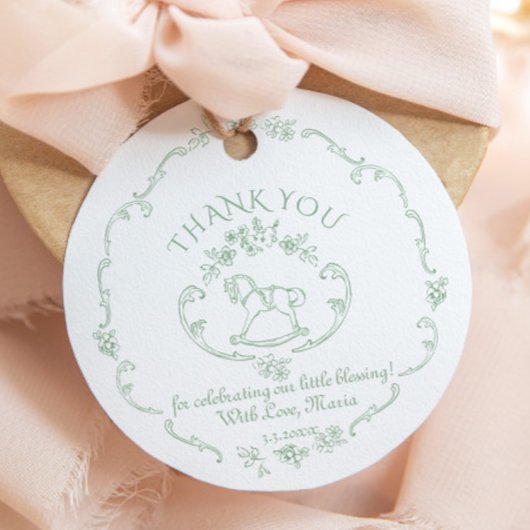 Toile de Jouy Sage Green Rocking Horse Baby shower Bedankjes Labels
