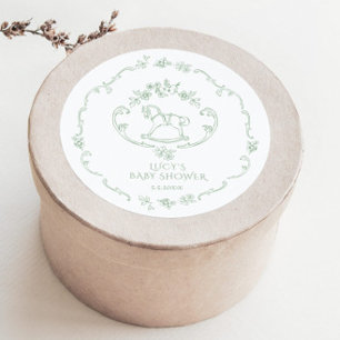 Toile de Jouy Sage Green Rocking Horse Baby shower Ronde Sticker