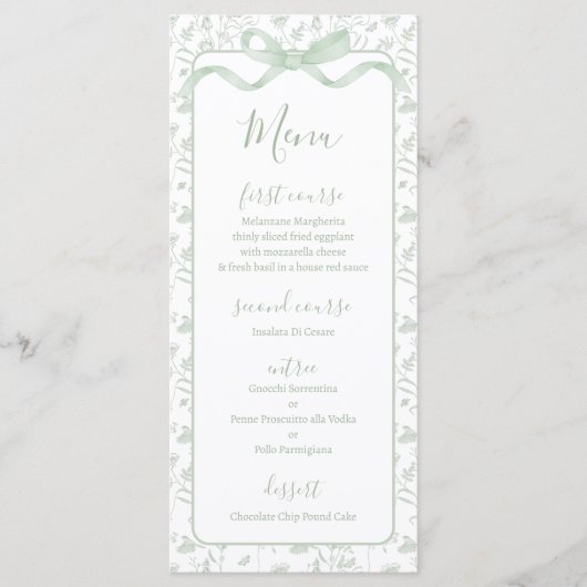 Toile de jouy saliegroene menukaart (Voorkant)