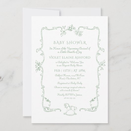 Toile de Jouy schommelpaard Sage Green Baby shower Kaart (Voorkant)