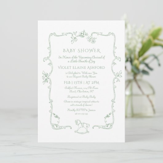 Toile de Jouy schommelpaard Sage Green Baby shower Kaart (Staand voorkant)