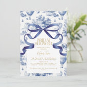 Toile De Jouy Stofblauw Strik Bruidsdouche Kaart (Staand voorkant)