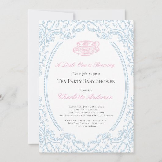 Toile de Jouy Tea Party Baby shower Uitnodiging (Voorkant)