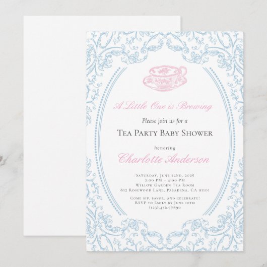 Toile de Jouy Tea Party Baby shower Uitnodiging (Voorkant / Achterkant)