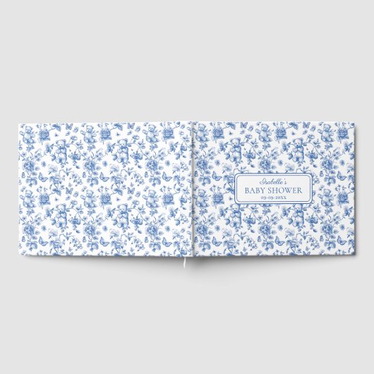 Toile De Jouy Teddybeer Blauw Baby shower Gastenboek (Volledig)