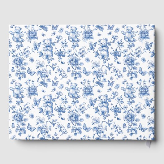 Toile De Jouy Teddybeer Blauw Baby shower Gastenboek (Achterkant)