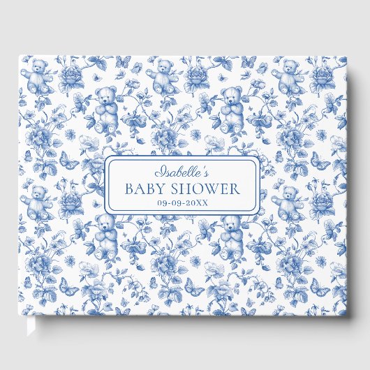 Toile De Jouy Teddybeer Blauw Baby shower Gastenboek (Voorkant)