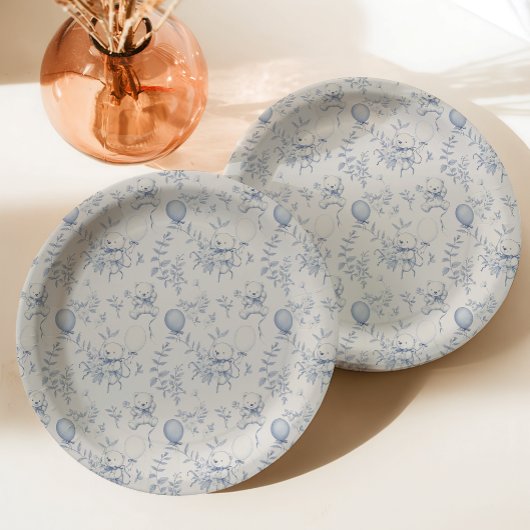 Toile De Jouy Teddybeer Dusty Blue Baby shower Papieren Bordje