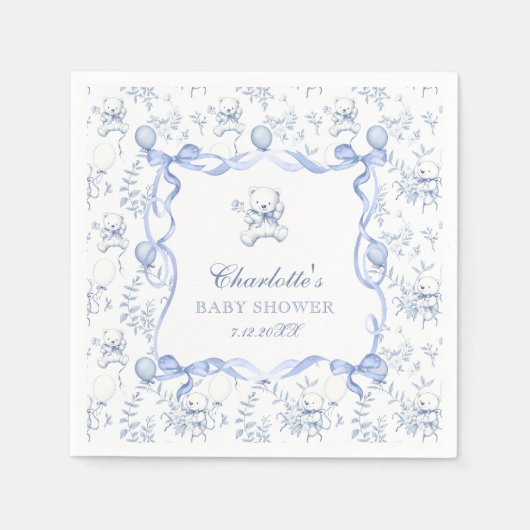 Toile De Jouy Teddybeer Dusty Blue Baby shower Servet (Voorkant)