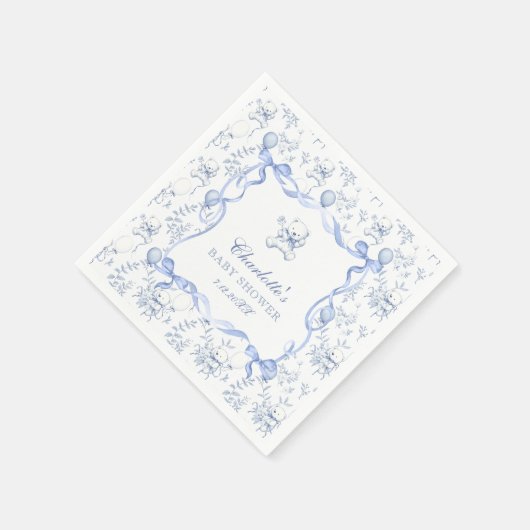 Toile De Jouy Teddybeer Dusty Blue Baby shower Servet (Hoek)