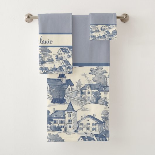 Toile de Jouy Village Scene Grens op Blauw Bad Handdoek (Insitu)