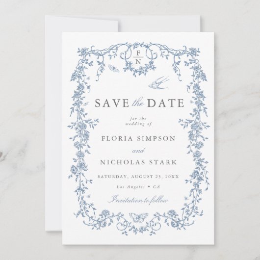 Toile de Jouy Wedding Save the Date Dusty Blue (Voorkant)