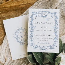 Toile de Jouy Wedding Save the Date Dusty Blue
