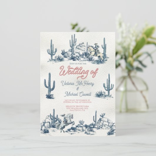 Toile de jouy Western Cowboy Wedding Kaart (Staand voorkant)