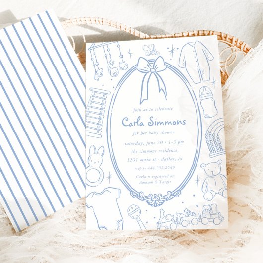 Toile de Jouy Whimsical Blue Baby shower Kaart