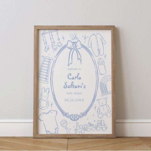 Toile de Jouy Whimsical Blue Baby shower Poster