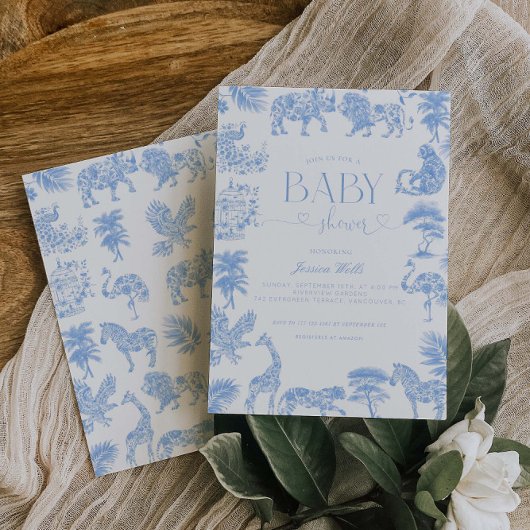 Toile de Jouy Wit en Blauw Safari Baby shower Kaart