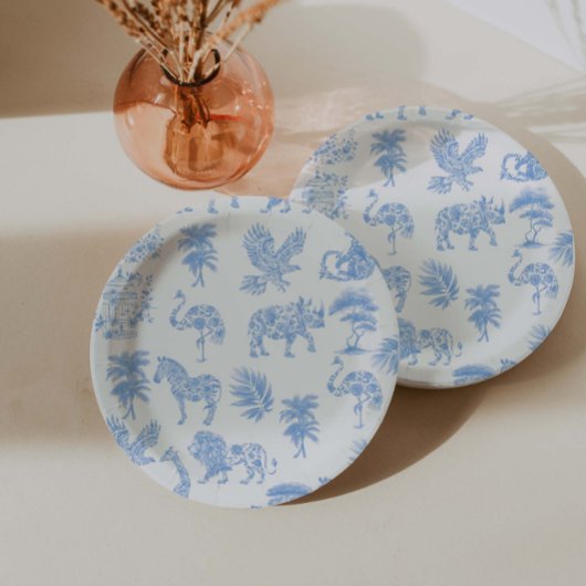 Toile de Jouy Wit en Blauw Safari Papieren Bordje