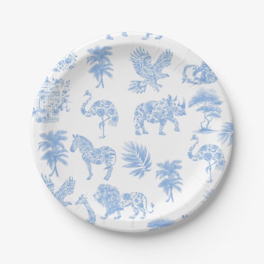 Toile de Jouy Wit en Blauw Safari Papieren Bordje (Voorkant)