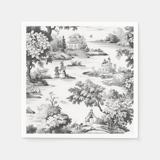 Toile de jouy, zwart en wit, porselein, servet (Voorkant)