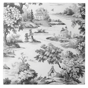 Toile de jouy, zwart en wit, porselein, tegeltje