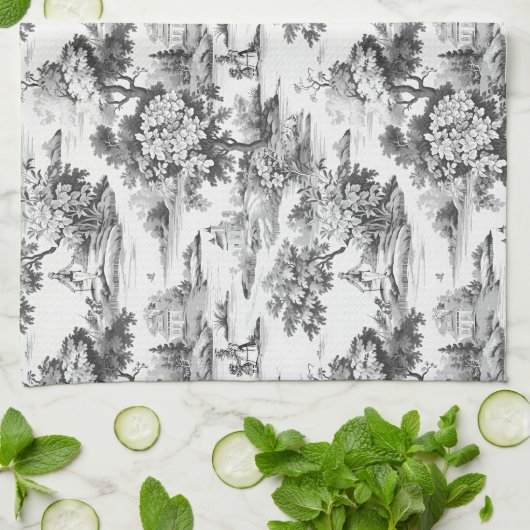 Toile de jouy, zwart en wit, porselein, theedoek (Gevouwen)