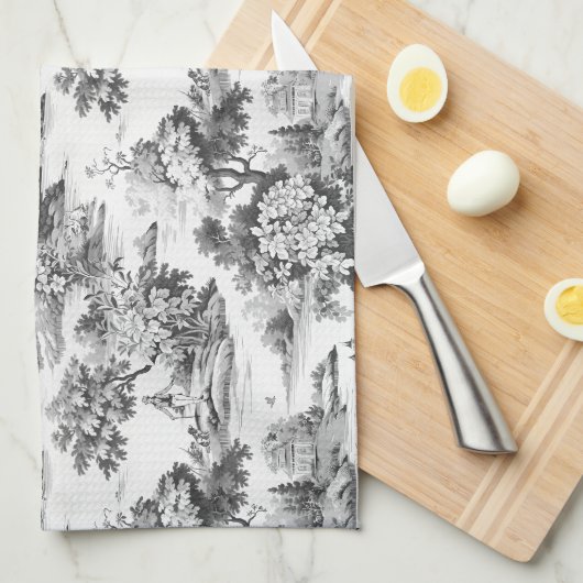 Toile de jouy, zwart en wit, porselein, theedoek (Quarter Fold)