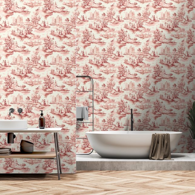 Toile du Jouy Red Faux French  Behang (Badkamer)