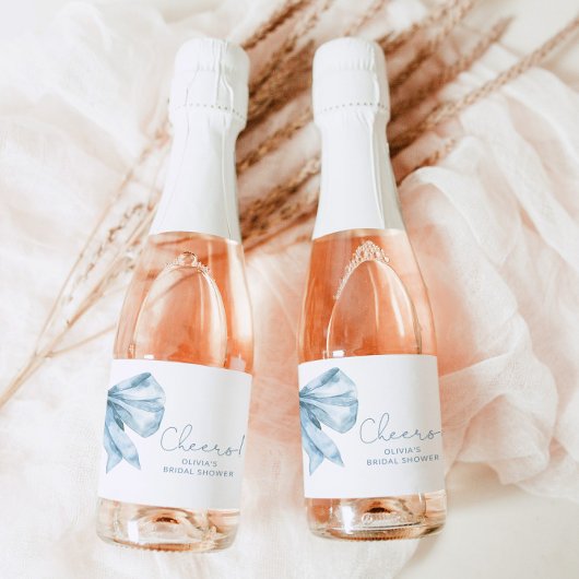 Toile Dusty blue Bow minimalistisch Vrijgezellenfe Sparkling Wijnetiket