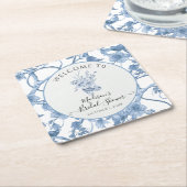 Toile Elegant Blauw met Witte Bloemen Bruidsdouche Kartonnen Onderzetters (Schuin)