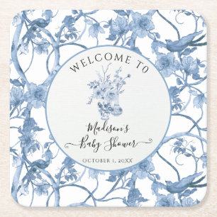 Toile Elegant Bloemen Blauw en Wit Baby shower Kartonnen Onderzetters