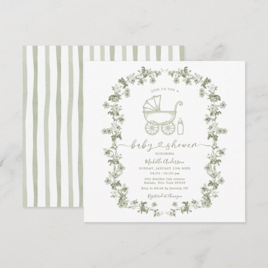 Toile Floral Baby shower Sage Green Baby shower Kaart (Voorkant / Achterkant)