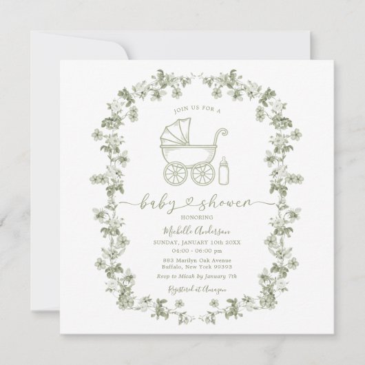 Toile Floral Baby shower Sage Green Baby shower Kaart (Voorkant)