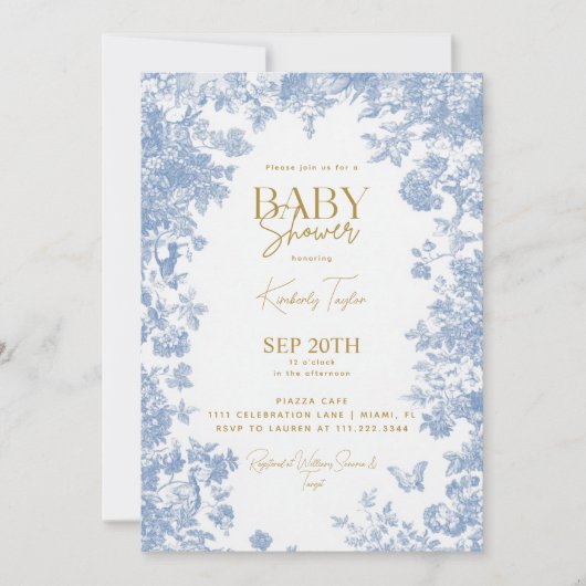 Toile Floral Blue Baby shower Kaart (Voorkant)