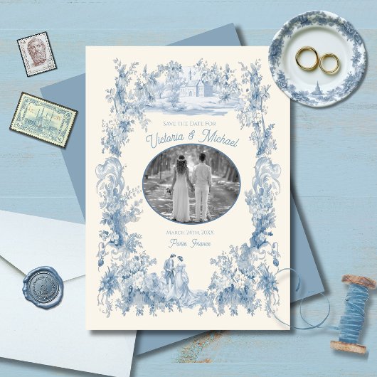 Toile Floral chateau Bruiloft Save the Date Foto Kaart