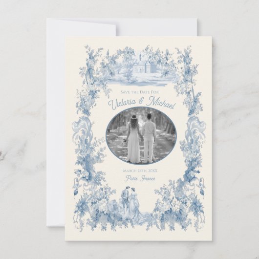 Toile Floral chateau Bruiloft Save the Date Foto Kaart (Voorkant)