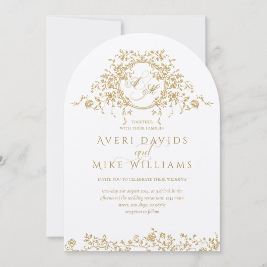 Toile Floral Crest Franse Klassieke Elegante Huwel Kaart (Voorkant)