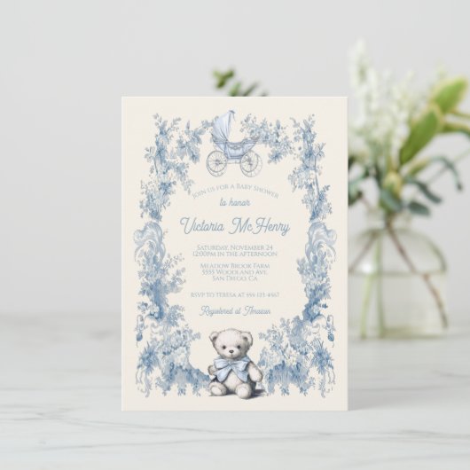 Toile Floral Teddy Bear Carriage Baby shower Kaart (Staand voorkant)