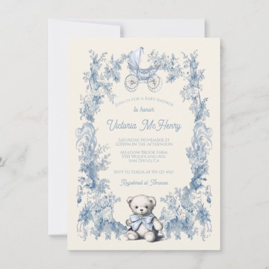 Toile Floral Teddy Bear Carriage Baby shower Kaart (Voorkant)