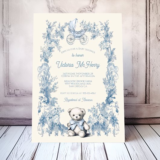 Toile Floral Teddy Bear Carriage Baby shower Kaart